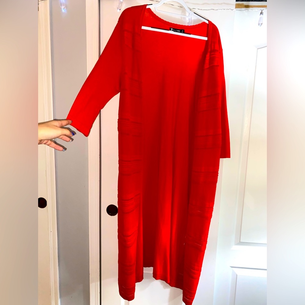 3/4 sleeve bright red/orange maxi cardigan